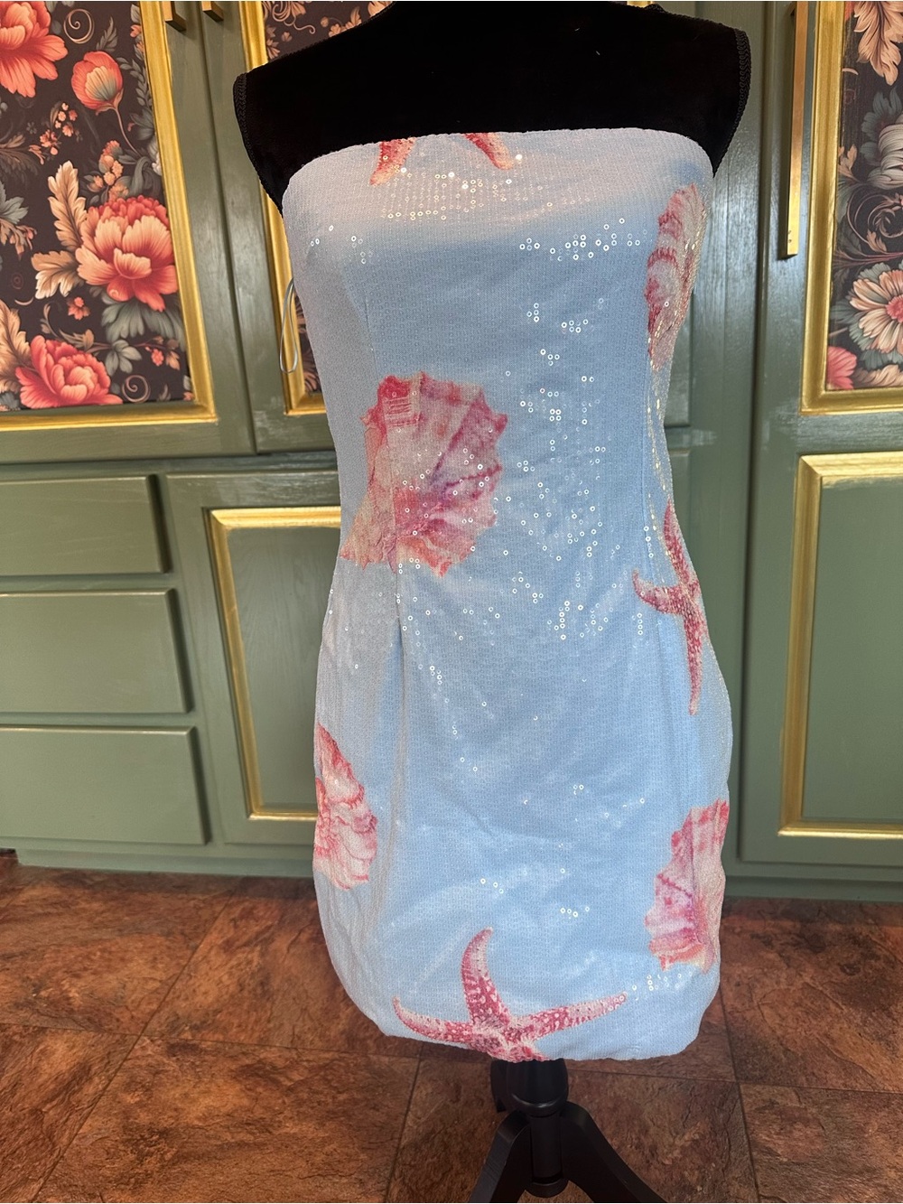 Altar'd State Light Blue Strapless Sequin Mini Dress with Pink Seashells